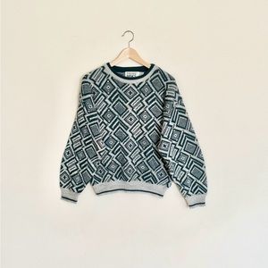 Vintage 90s Trend Basics Patterned Teal Gray Crewneck Sweater Adult size Medium